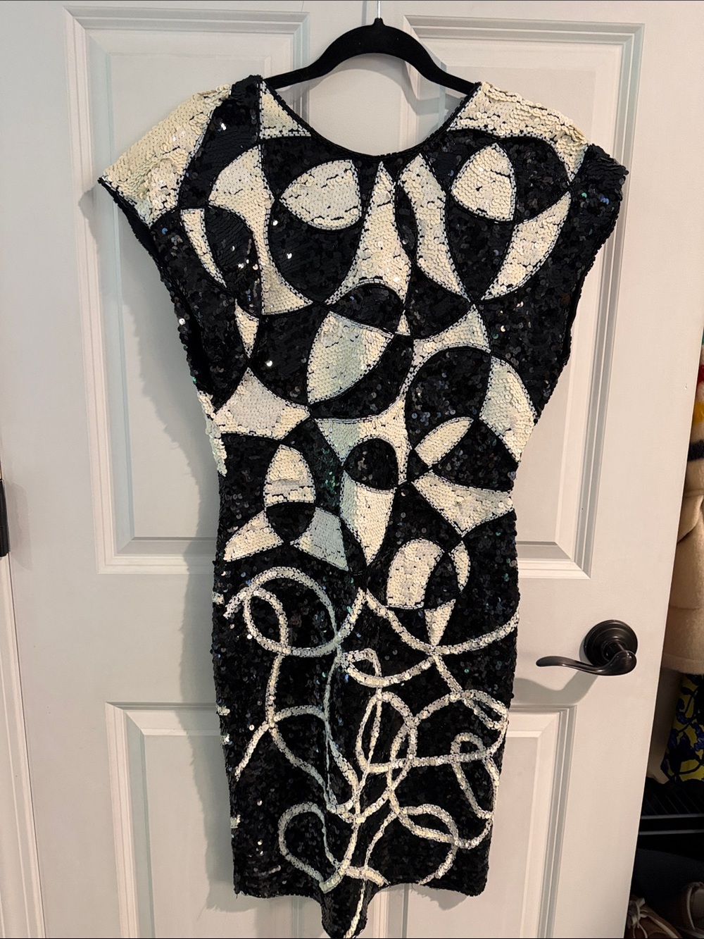Black & White Sequin Geometric Mini Dress Hand beaded
